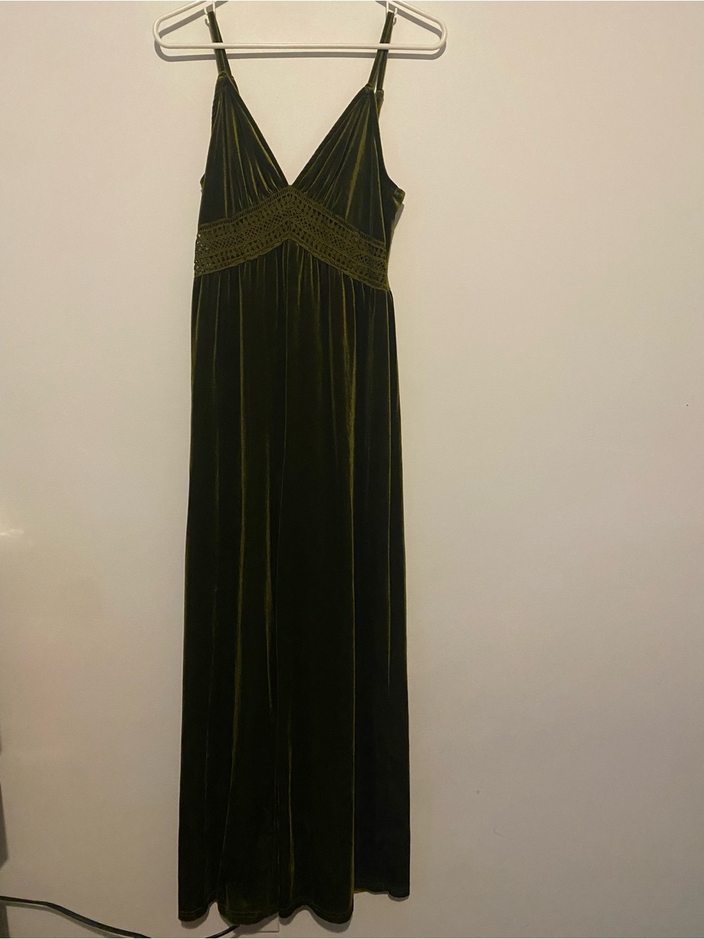 Cider Olive Velvet Maxi Jumpsuit with Crochet Waistband